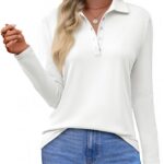 Women Long Sleeve Polo Shirts Business Work Casual V Neck Collared Tops Button Down Loose Fit Tees Shirts