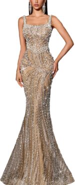 Women Square Neck Sequin Beaded Mermaid Formal Evening Dress Spaghetti Strap Bodycon Prom Party Cocktail Maxi Gown