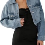 Women Cropped Denim Jackets Distressed Long Sleeve Basic Button Down Jean Jacket