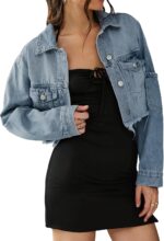Women Cropped Denim Jackets Distressed Long Sleeve Basic Button Down Jean Jacket