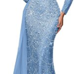 Women Sequin Beaded Mermaid Formal Evening Gown Long Sleeve Prom Dress Bodycon Wedding Guest Party Cocktail Maxi Dress