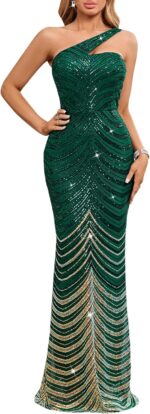 Women One Shoulder Sequin Evening Gown – Formal Maxi Dress for Wedding Guest, Prom, Cocktail