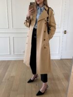 Women Long Trench Coat Double Breasted Classic Lapel Fall Overcoat with Belt - Image 2