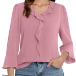 Women 3/4 Length Sleeve Tops V Neck Dressy Casual Blouses Tunic Trendy Business Office Ruffle Work Shirts
