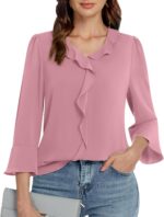 Women 3/4 Length Sleeve Tops V Neck Dressy Casual Blouses Tunic Trendy Business Office Ruffle Work Shirts