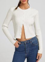 Women Cropped Cable Knit Cardigan Short 2026 Fall Long Sleeve Lightweight Button Up Sweater - Image 2