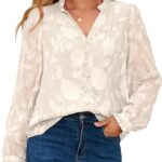 Women Dressy Casual Blouses Long Sleeve V Neck Chiffon Burnout Shirts Loose Business Work Top Fall Outfits
