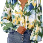 Women Floral Blouses Dressy Casual V Neck Button Down Shirts Lantern Long Sleeve Boho Chiffon Fall Tops