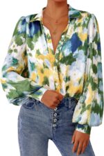 Women Floral Blouses Dressy Casual V Neck Button Down Shirts Lantern Long Sleeve Boho Chiffon Fall Tops