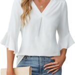 Women 3/4 Length Sleeve Tops Summer Dressy Business Casual Blouses Work Shirts Chiffon V Neck Outfits