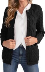 Women Cable Knit Cardigan Sweater Crew Neck Button up Cardigan with Pocket Sweater Coat for Fall and Winter