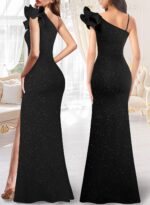 Women Ruffle One Shoulder Strap Ruched Formal Prom Wedding Maxi Dress V Neck Elegant Split Cocktail Evening Long Gown - Image 2