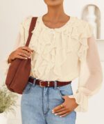 Women Long Sleeve Chiffon Dressy Casual Blouses Fall Button Down Ruffle Layered Boho Tops  Trendy Clothes - Image 2