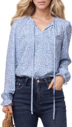 Women Boho Floral Printed Blouse Dressy Tops Drawstring Casual V Neck Lantern Long Sleeve Shirts