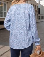 Women Boho Floral Printed Blouse Dressy Tops Drawstring Casual V Neck Lantern Long Sleeve Shirts - Image 2