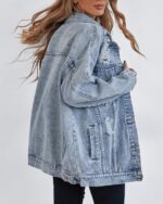 Denim Jacket for Women Ripped Jean Jacket Boyfriend Long Sleeve Trucker Coat - Image 2