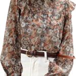 Women Boho Blouses Floral Print Chiffon Long Sleeve Tops Button Down Ruffled Shirts