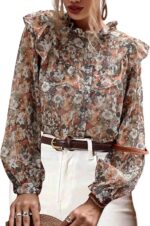 Women Boho Blouses Floral Print Chiffon Long Sleeve Tops Button Down Ruffled Shirts